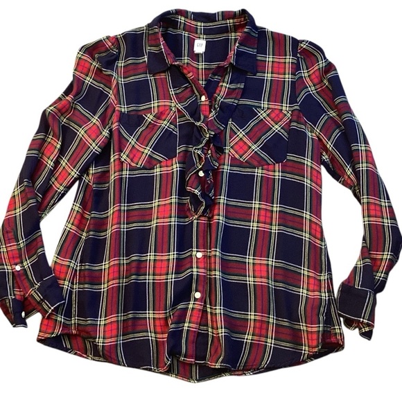 GAP Plaid Ruffle-Trim Pocket Shirt Red & Blue Tartan Size Large - Picture 1 of 12